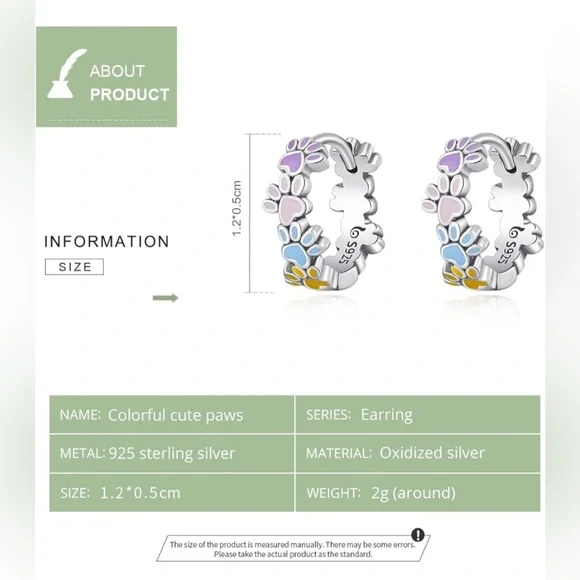 O82 - 🐾 Colorful Dog Cat Paw Footprint Earrings Sterling Silver 925 - Picture 4 of 7